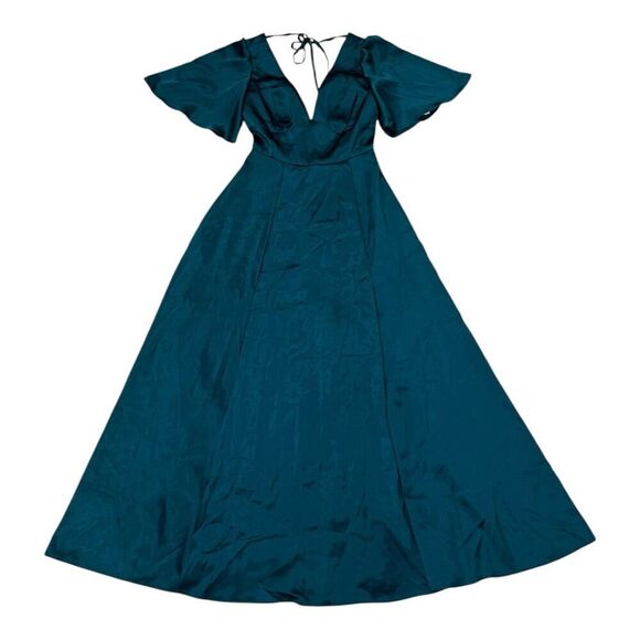 Galina Signature Emerald Charmeuse Flutter-Sleeve A-Line Dress 0 - Picture 2 of 5